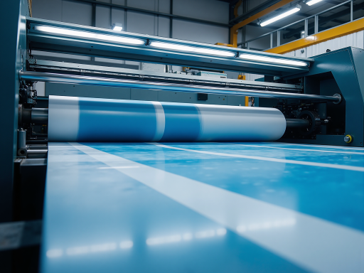 Modern printing production line with automated equipment and workers in blue uniforms, industrial setting